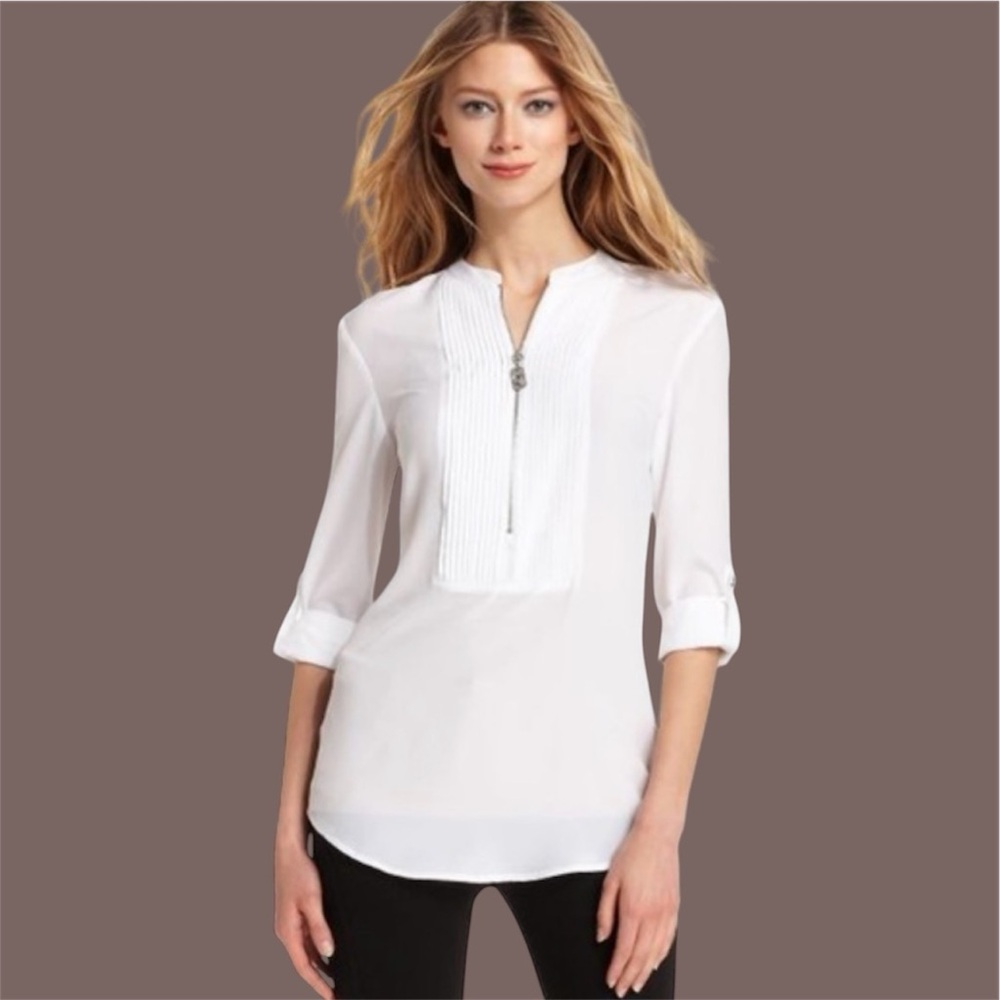 MICHAEL MICHAEL KORS Zipper White Tuxedo Blouse Women's Medium Roll Sleeves EUC